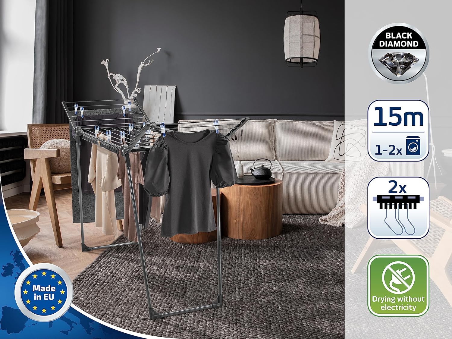 Leifheit Standtrockner Pegasus 150 Solid Black Edition, standfester Wäscheständer mit Flügeln für lange Kleidungsstücke