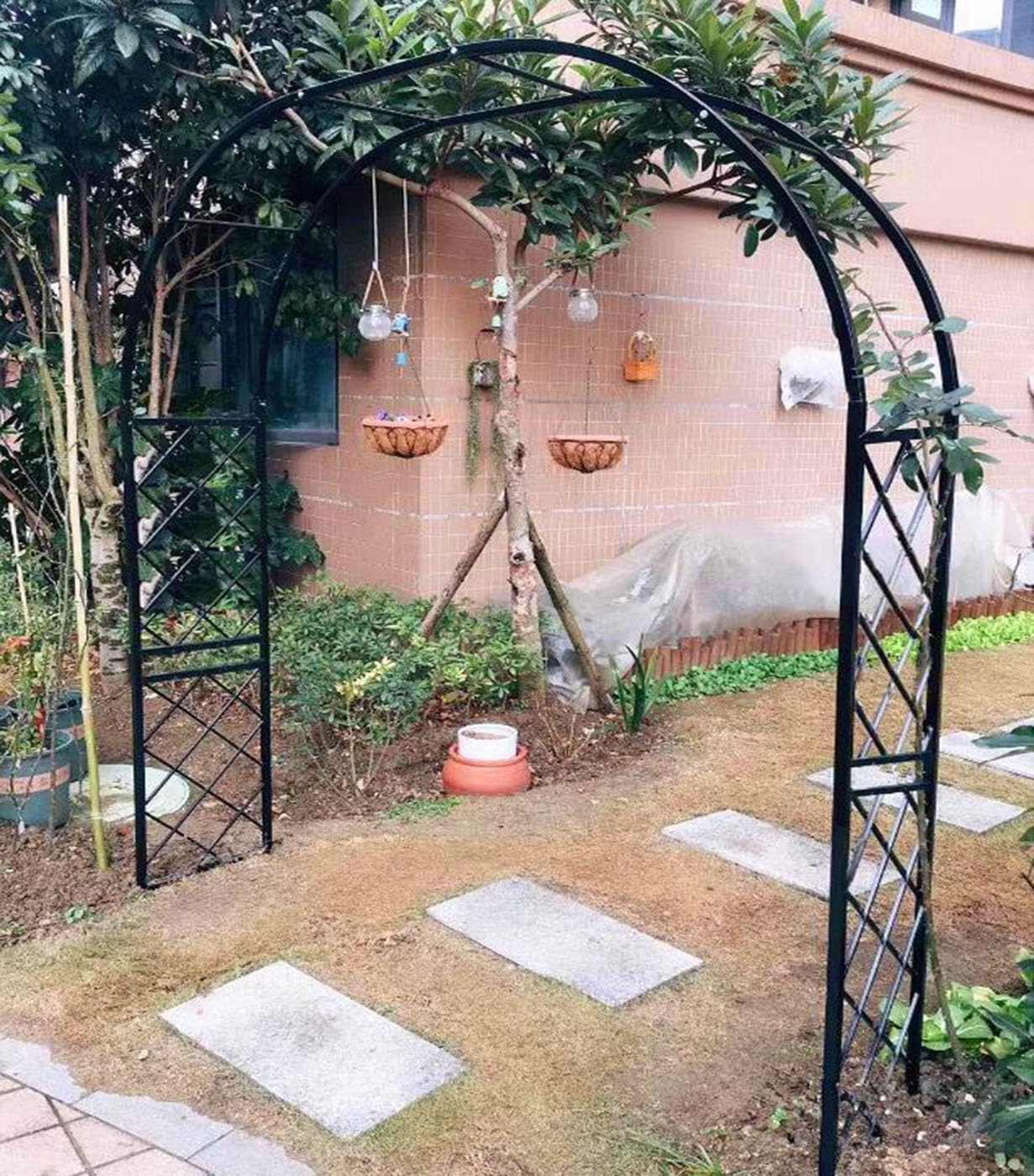 Arche de jardin en métal pour plantes grimpantes support de vigne extérieur blanc et noir 310 cm
