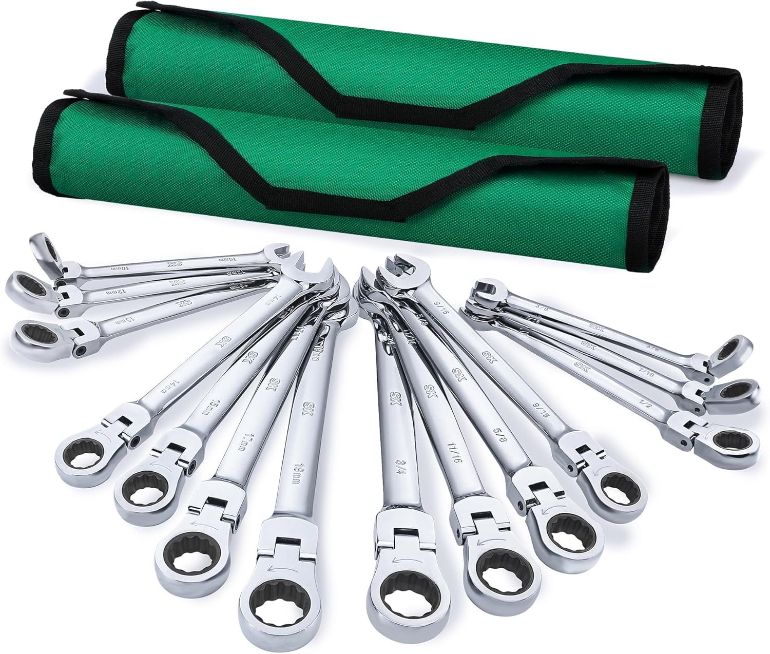 SK Flex-Head Ratcheting Wrench Set, Combination Wrench Set, 14-Piece, SAE 3/8" to 3/4", Metric 10 to 19mm, 72-Tooth, Premium CR-V Construction, with Rolling Pouch