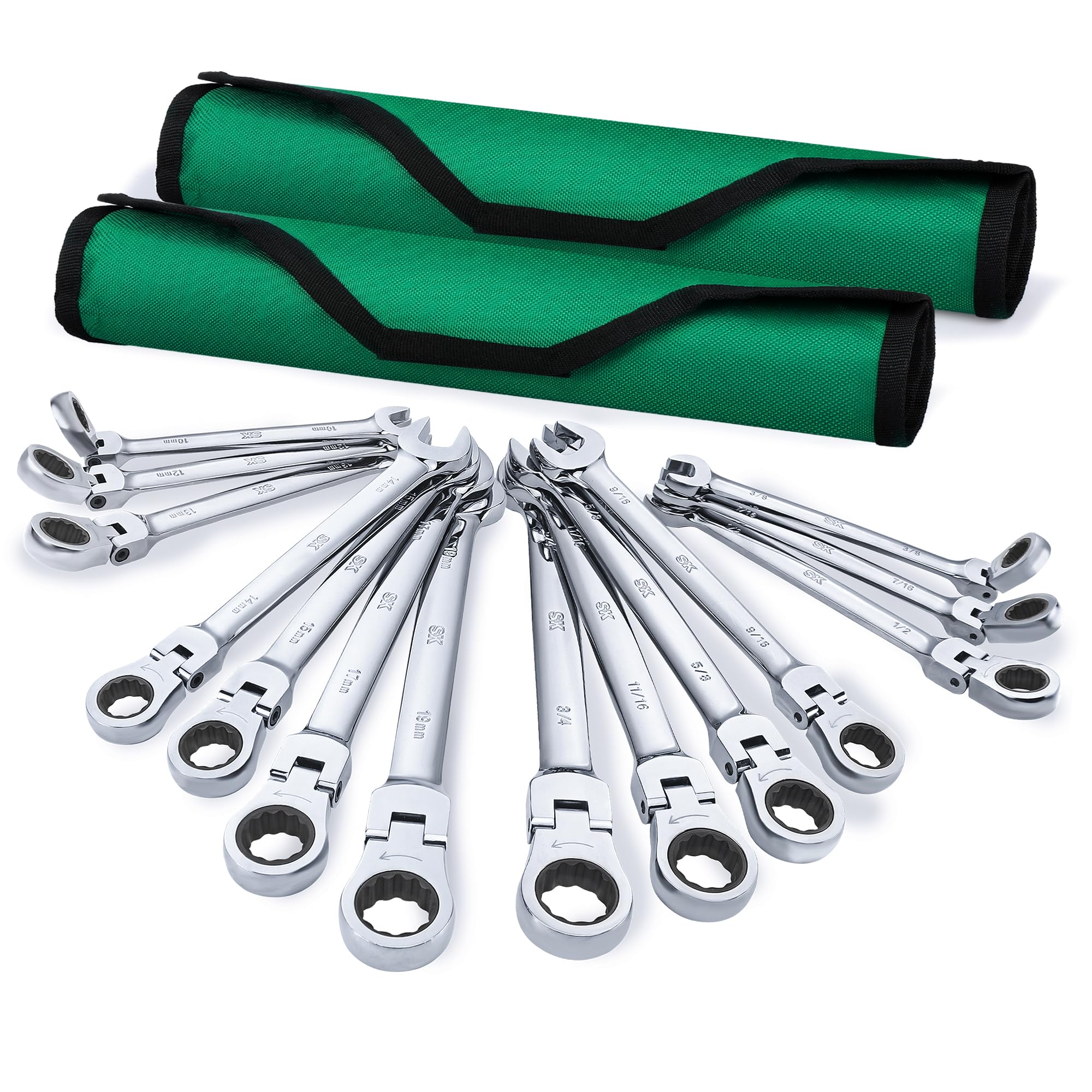 SK Flex-Head Ratcheting Wrench Set, Combination Wrench Set, 14-Piece, SAE 3/8" to 3/4", Metric 10 to 19mm, 72-Tooth, Premium CR-V Construction, with
