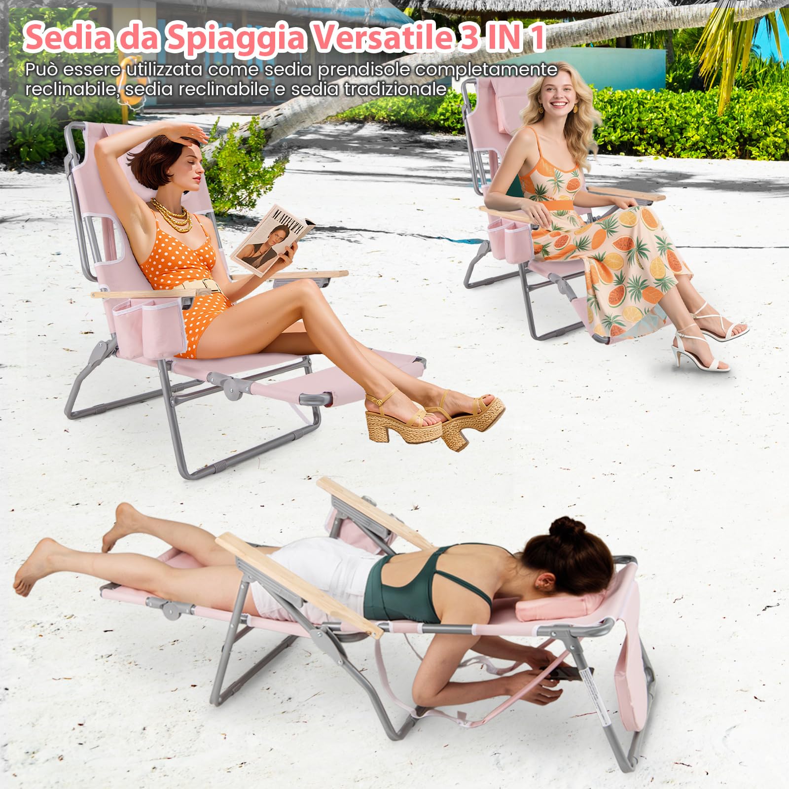 RELAX4LIFE 3 in 1 Sedia da Spiaggia Pieghevole Reclinabile, con Foro per Viso, Poggiapiedi, Porta Asciugamano, Tasche Portaoggetti, Schienale Regolabile, per Spiaggia/Piscina, Portata 150kg (Rosa)