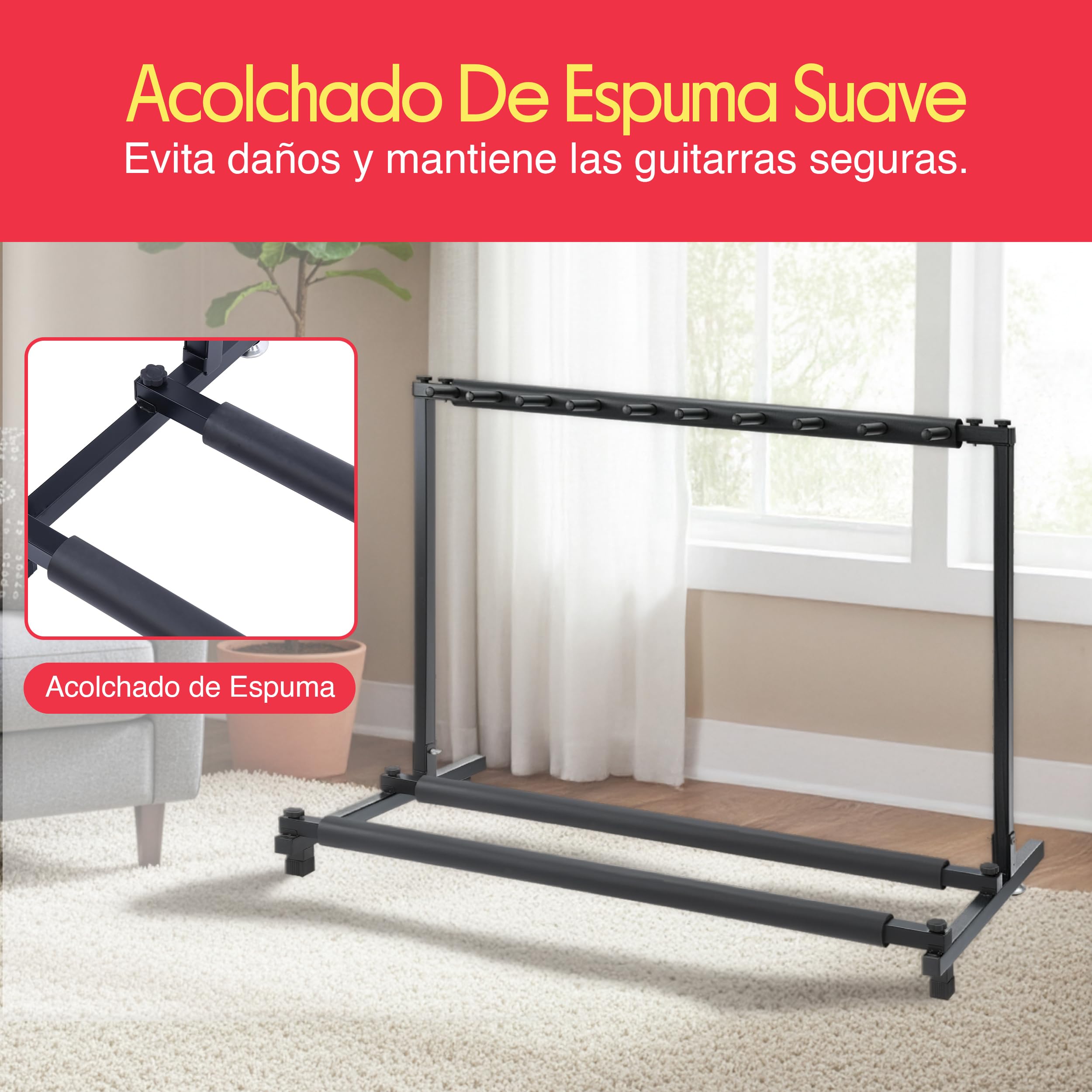 Pyle soporte para guitarras, 9 compartimientos, Portatil y plegable, Con acolchado de espuma, Ideal para acusticas, electricas y bajos