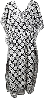 Mogul Interior Women's Kaftan Long Dress Printed V Neck Black N White Resort Wear Dresses OneSize