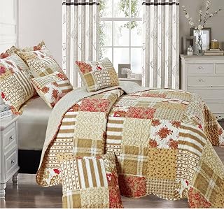 Prime Linens Luxury Patchwork Quilted Bedspread with Free 2 Pillow Shams. 100% Cotton Touch (Alvina, Double)