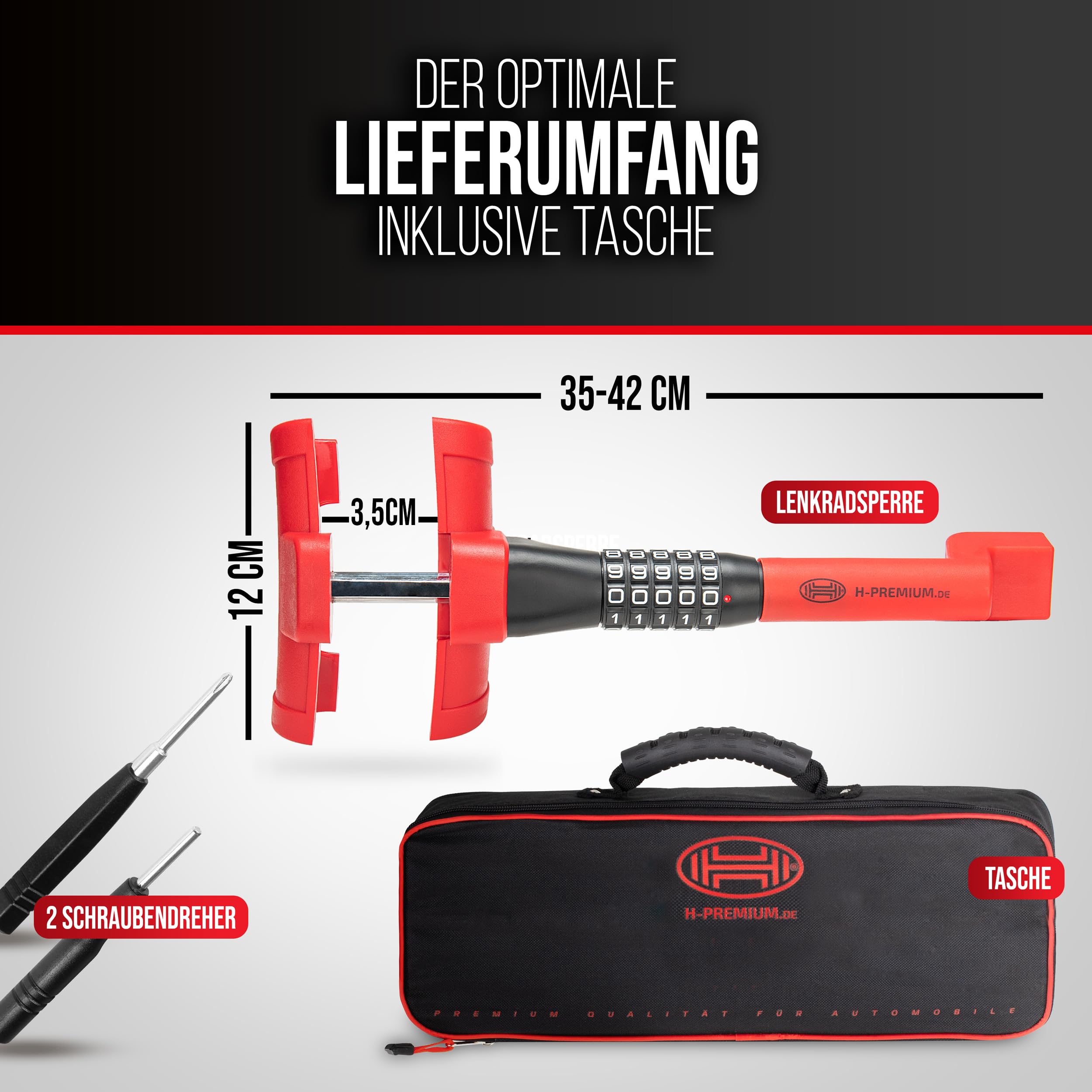 HEYNER Lenkradsperre Auto Diebstahlschutz 5‑stelliges Zahlenschloss verstellbar 35–42 cm rot‑schwarz