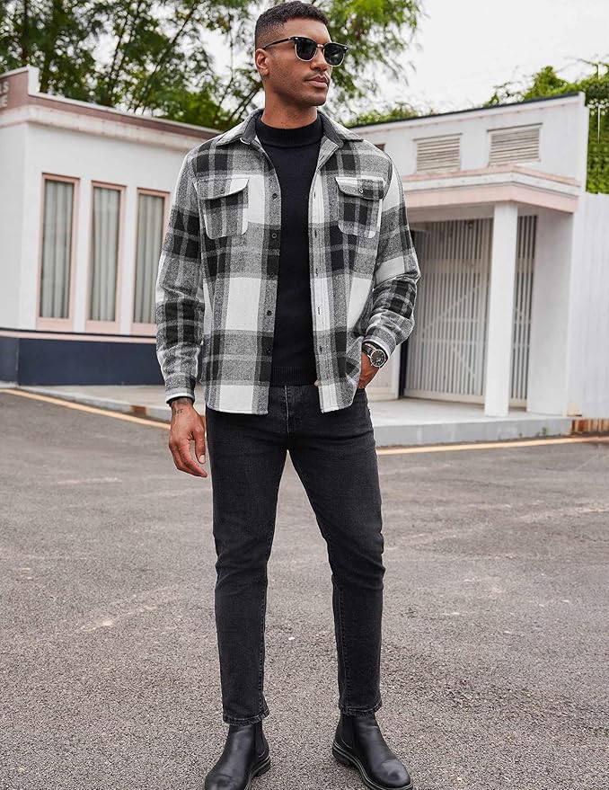 COOFANDY Flanelle overhemd voor heren, langarm, geruit houthakkerhemd, vrijetijdsoverhemd met borstzak, hemdjack, karo overhemden, regular fit, klederdrachtoverhemd, motorrijdershirt, S