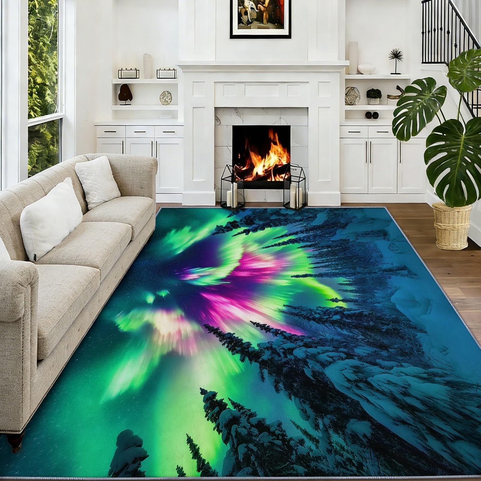 Dywan do salonu 140 x 200 cm pejzaż z sosną Aurora można prać w pralce, antypoślizgowy dywan do sypialni sypialni biuro krótkie włosy, kolor