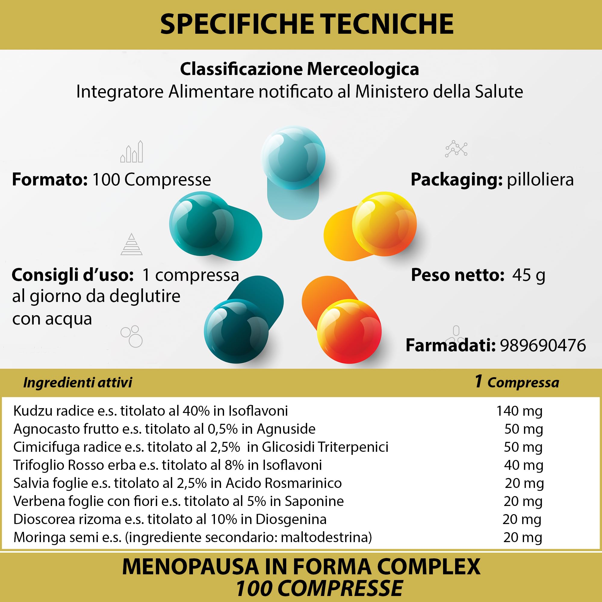 Kudzu e Trifoglio Rosso Ricchi in Isoflavoni, con Cimicifuga, Agnocasto, Moringa, Salvia, Dioscorea, Verbena | Menopausa In Forma Complex 400 Compresse | Controllo del Peso e Rilassamento | Vampate