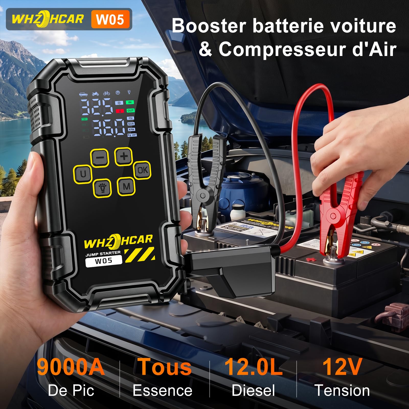 Booster Batterie Voiture 9000A avec Compresseur 160PSI, Démarreur Batterie Voiture 12V pour Tous Gaz/10L Diesel, Jump Starter avec Gonfleur Pneus, Écran LCD et 2 Lampes LED
