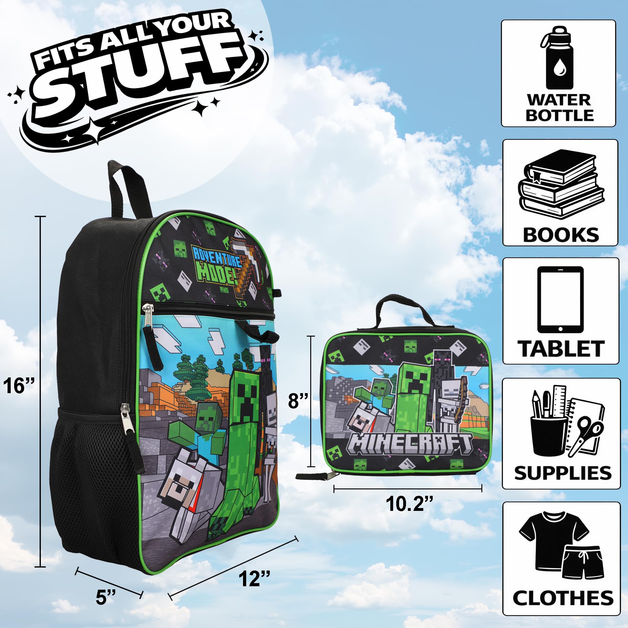 Bioworld Minecraft - Juego de 5 piezas: mochila de 16 pulgadas, fiambrera, funda de utilidad, llavero de goma y mosquetón, multicolor, 1 tamaño, moderno