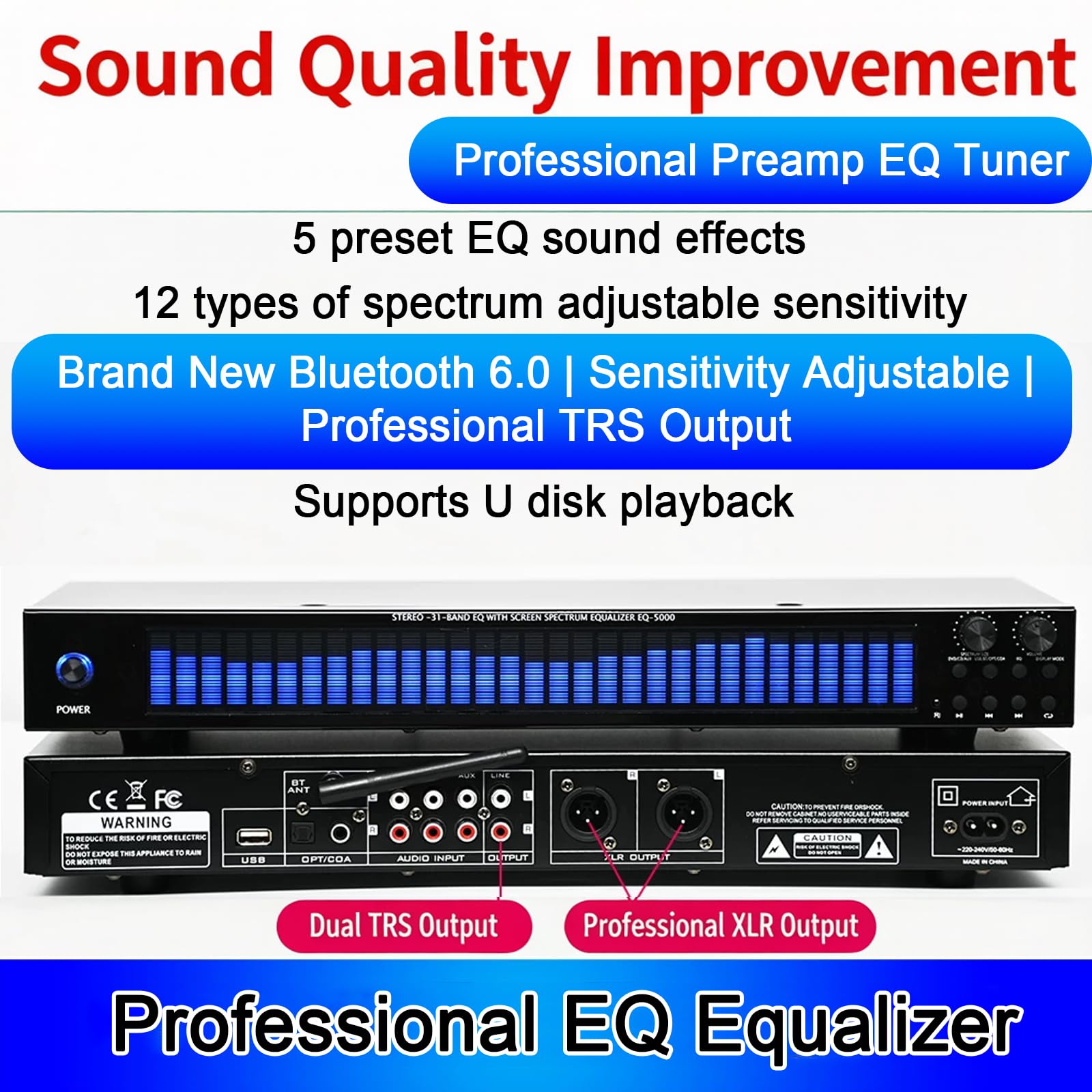 Analyseur De Spectre Audio, Égaliseur Audio Domestique 31 Bandes, avec 5 Effets Dégalisation Préréglés, 12 Modes Rythmiques, Lecture USB, Sorties XLR Et RCA, pour La Scène Et Le Studio