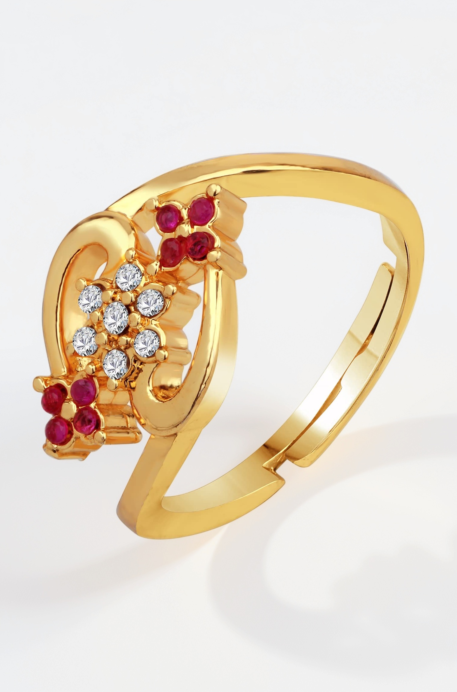 Gold Plated Floral Adjustable Finger Ring with Ruby and Crystal for Women (FR1103154GRed)