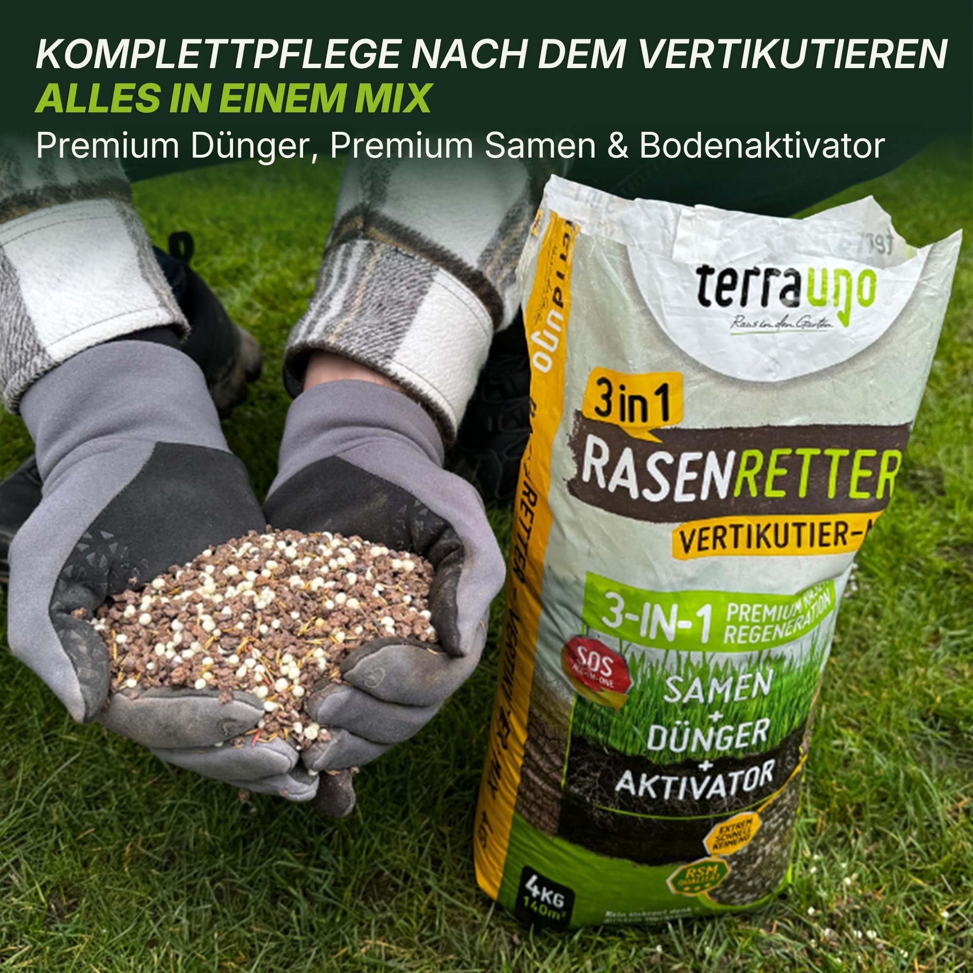 Terrauno - "Rasenretter" Vertikutiermix I 4 kg für 140 m² I Rasendünger, Rasensamen & Bodenaktivator I 3in1 Rasenreparaturmischung I Rasendünger Frühjahr mit Grassamen gegen kahle Stellen I Nachsaat
