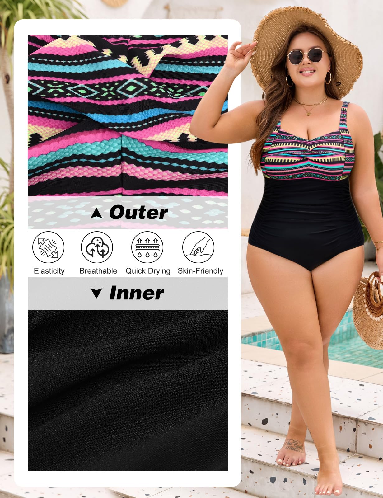 Nadeer Bañador Mujer Talla Grande Reductores Traje de Baño Una Pieza Push Up Sexy Cuello en V L-4XL