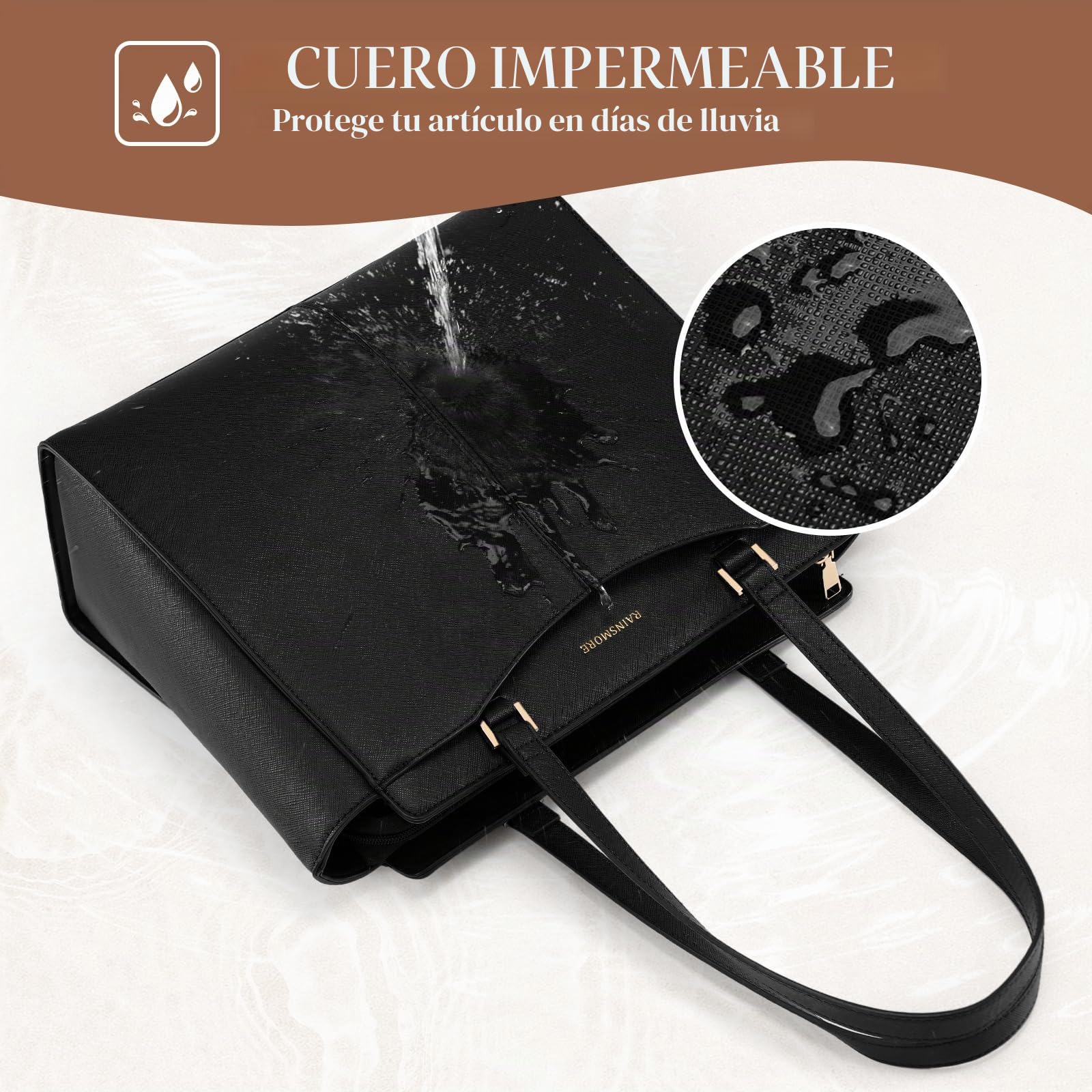 RAINSMORE Bolso Mujer Grande Bolso Universidad Impermeable para Portátil 14 Pulgadas Bolsos Tote Cuero PU con Cremallera Bolsillo Interior para Compras Viajes Colegio Oficina