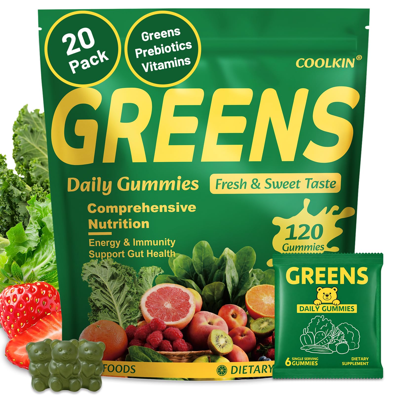 COOLKIN Greens Daily Gummies, Adult Super Greens Multivitamin Superfood Gummies with Spirulina, Chlorella, Adaptogens & Prebiotic Fiber - Digestive Health Support, (20 Count)