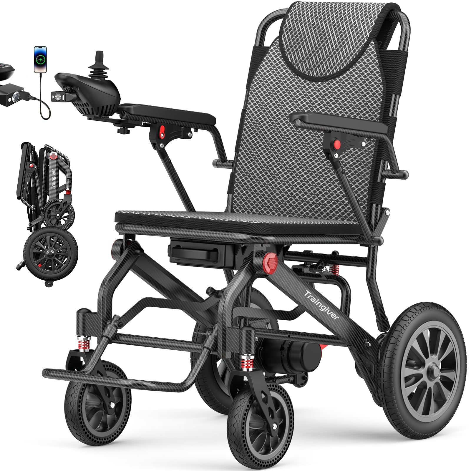 Traingiver New Upgrade Electric Wheelchair for Adults 38LBS Lightweight Foldable