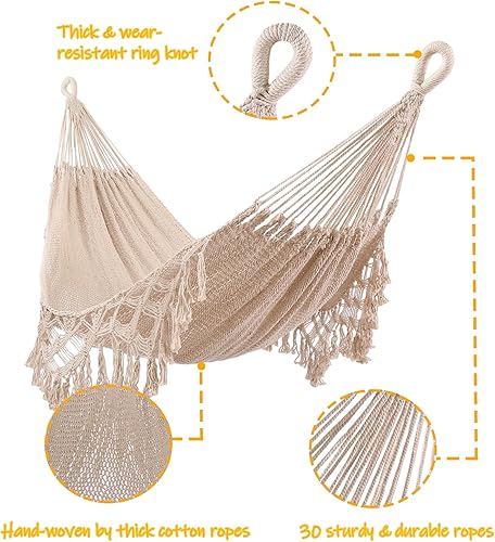 Miniatura 5 de ZEAN Hamaca tejida a mano con borlas de cuerda de algodón gruesa XL Hamaca para dos personas para patio exterior, jardín, playa, capacidad de 550