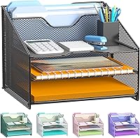 Samstar Mesh Desk Organizer: 3 Sliding Paper Trays + 2 Vertical File Holders, Black Metal for Office Supplies & Clutter-Free Workspace