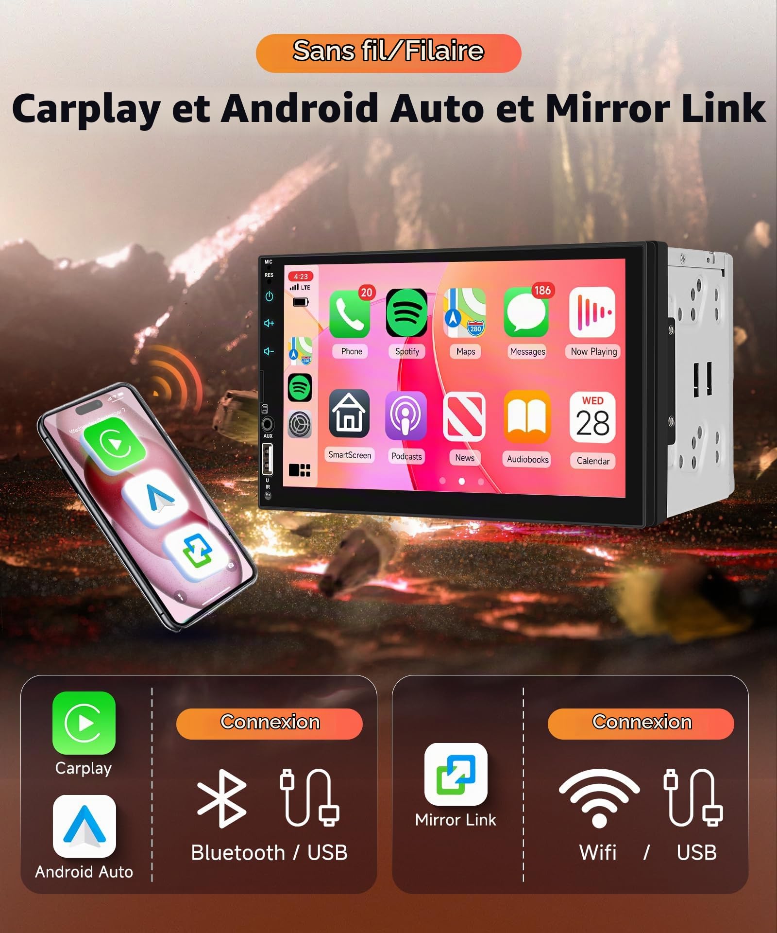Rimoody Sans Fil Carplay Autoradio 2 Din avec DAB Adaptateur Android Auto iOS/Android Mirror Link 7 Pouces Écran Tactile Autoradio Bluetooth FM Radio DAB+/DAB/USB/EQ Commande au Volant Caméra de Recul