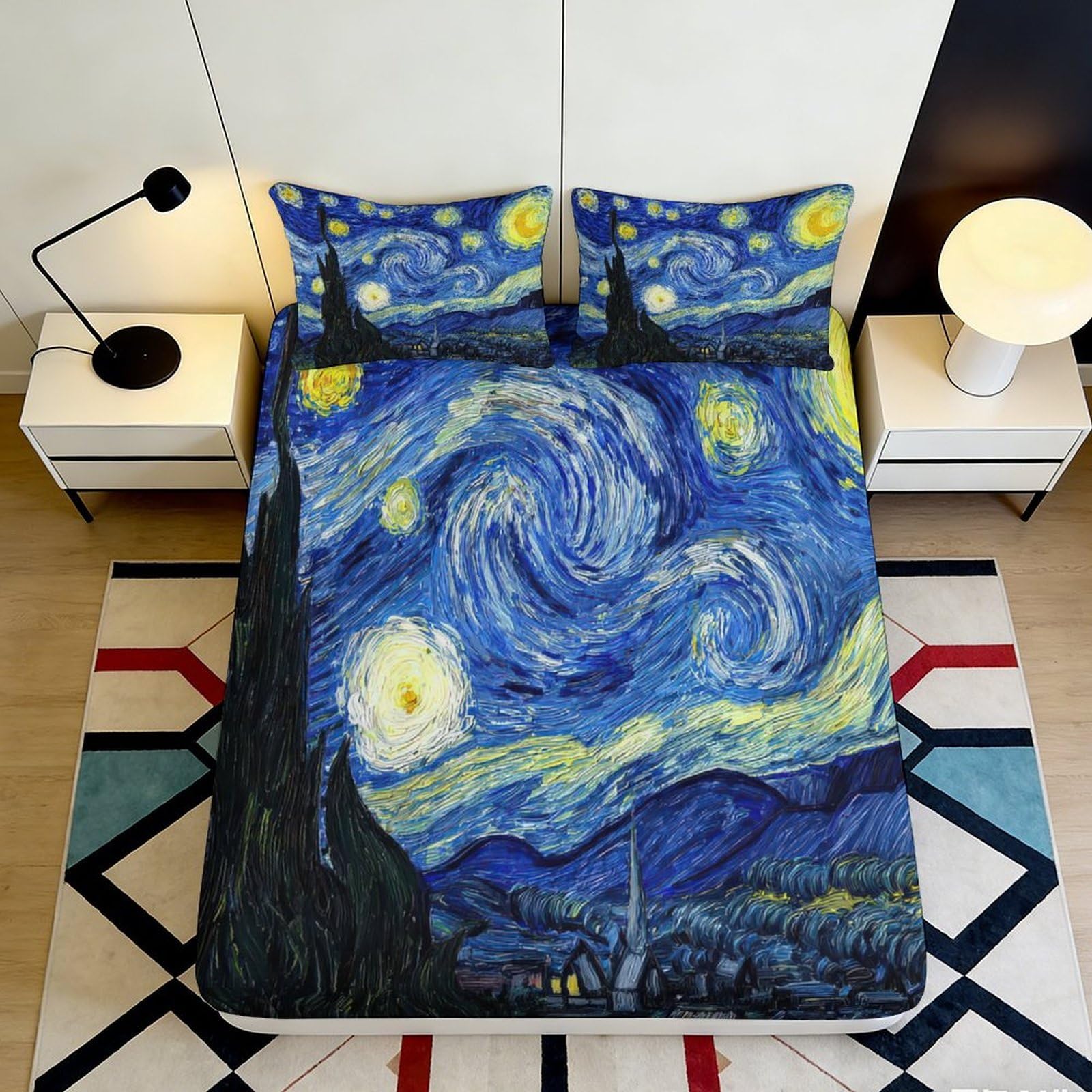 3D Printed Starry Night Fitted Sheet Microfiber Artistic Bed Cover Van Gogh Sky Mattress Cover Bedroom Decor 90x200x25cm