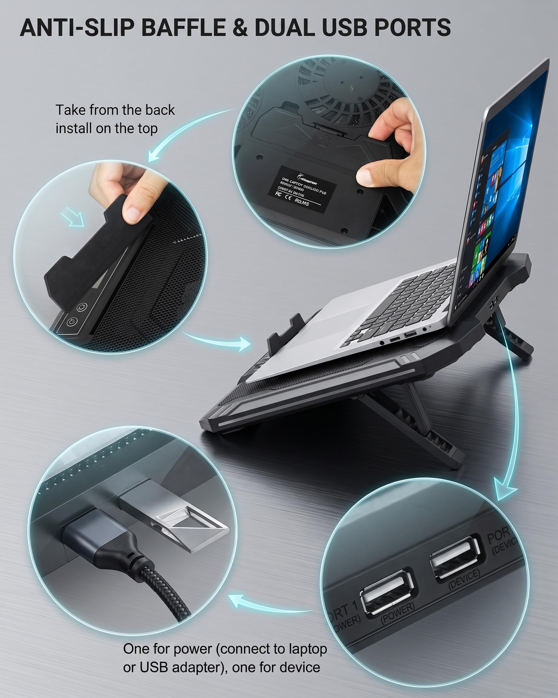 AFI Electronics Laptop Cooling Pad, 5 Leise Lüfter Gaming Laptop Kühler für 11-17 Zoll, RGB LED, LCD Display, 6 Lüftergeschwindigkeiten, 8-Höhenverstellbarer Ständer, Dual USB-Anschlüsse, Notebook