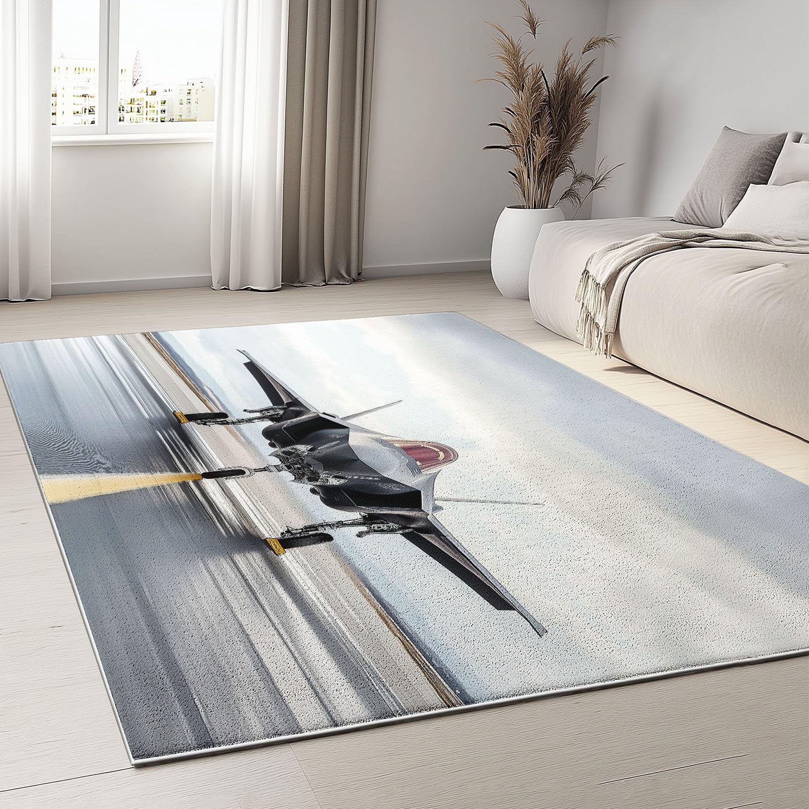 Tapis enfant avion de chasse gris pour décorer une chambre de garçon ados
