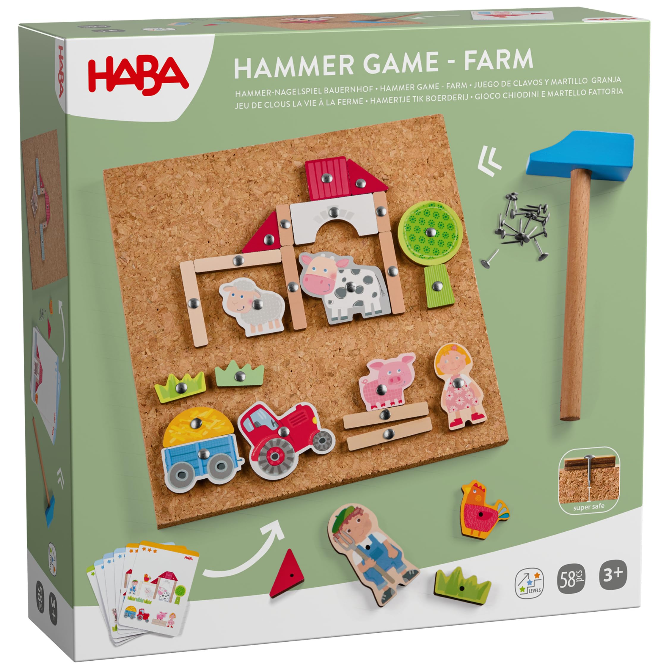 HABA Hammer-Nagelspiel: Bauernhof – Holzspielzeug mit Hammer und Nägel für Kinder ab 3 Jahren – Kreativspielzeug mit Korkplatte & Vorlagen – 2013378001