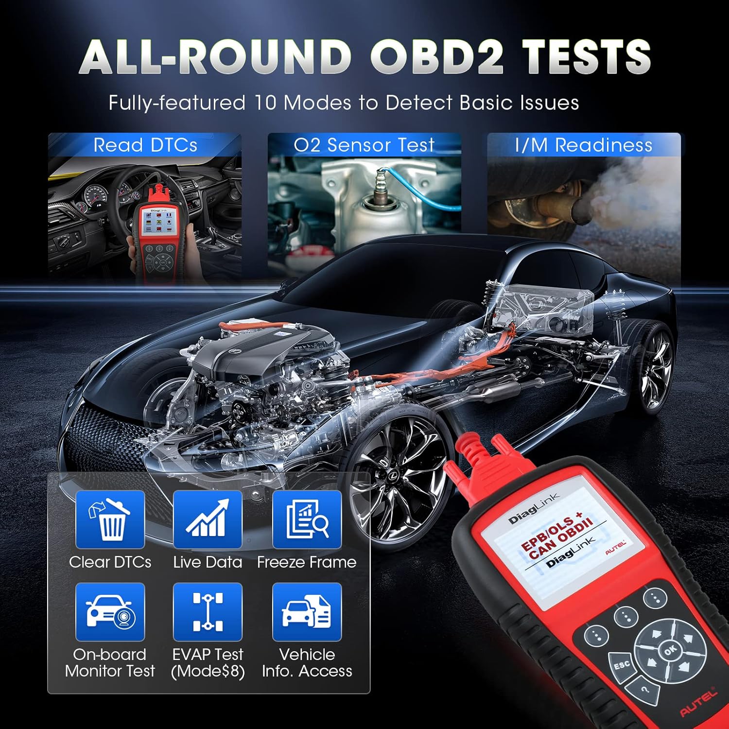 Autel OBDII OBD2 Code Reader Diaglink (DIY Version of MD802) All Systems/Modules Diagnostic for ABS, SRS, Engine, Transmission, EPB, Oil Reset