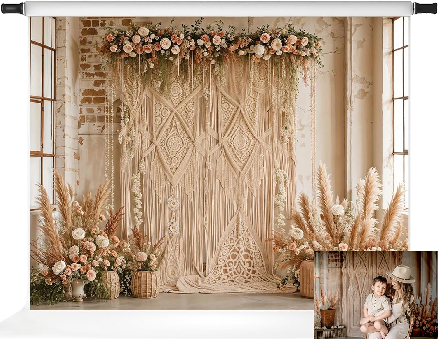 Kate Boho Backdrop Bohemia Backdrop with Floral Boho Floral Photo Background Ceremony Party Background for Photography Studio Props, 7x5ft