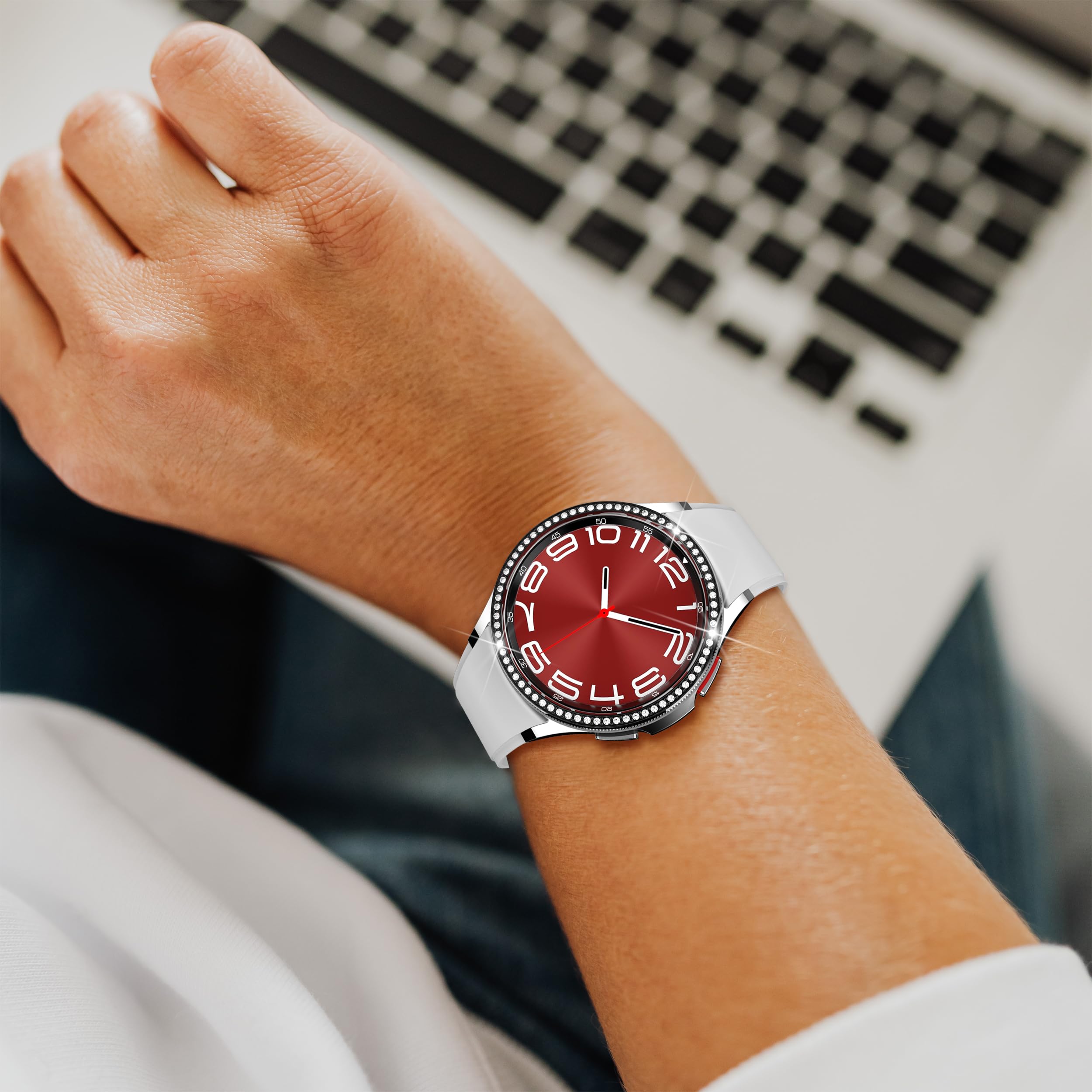 Etui na telefon komórkowy kompatybilne z Samsung Galaxy Watch 6 Classic 43 mm, pierścień na okulary ze stali nierdzewnej, błyszczące, akcesoria ochronne, czarne