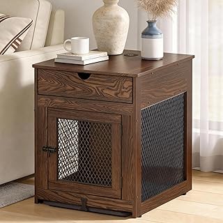 Piskyet Dog Crate Furniture,Wooden Dog Crate End Table with Storage Drawer&Cushion&Tray, QC3.0 Wireless Charging,Dual