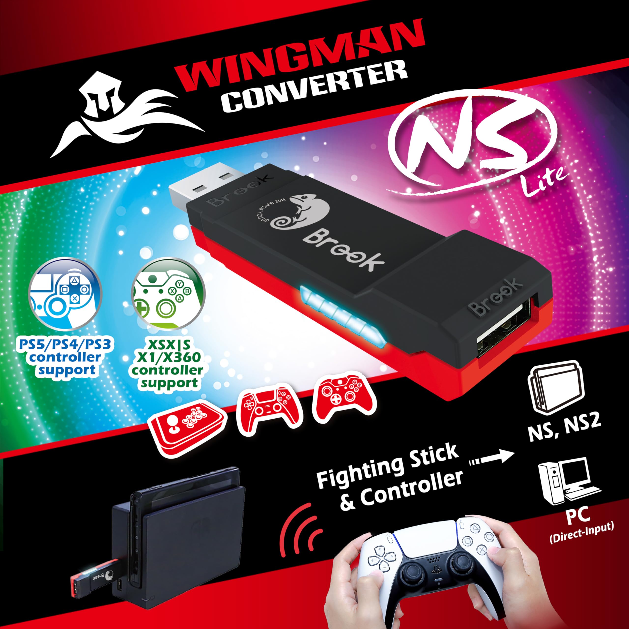 Brook Wingman NS Lite Converter - Adaptador de controlador inalámbrico para NS, Consolas de Switch y PC, compatible con Remap, Marco y Turbo ajustable