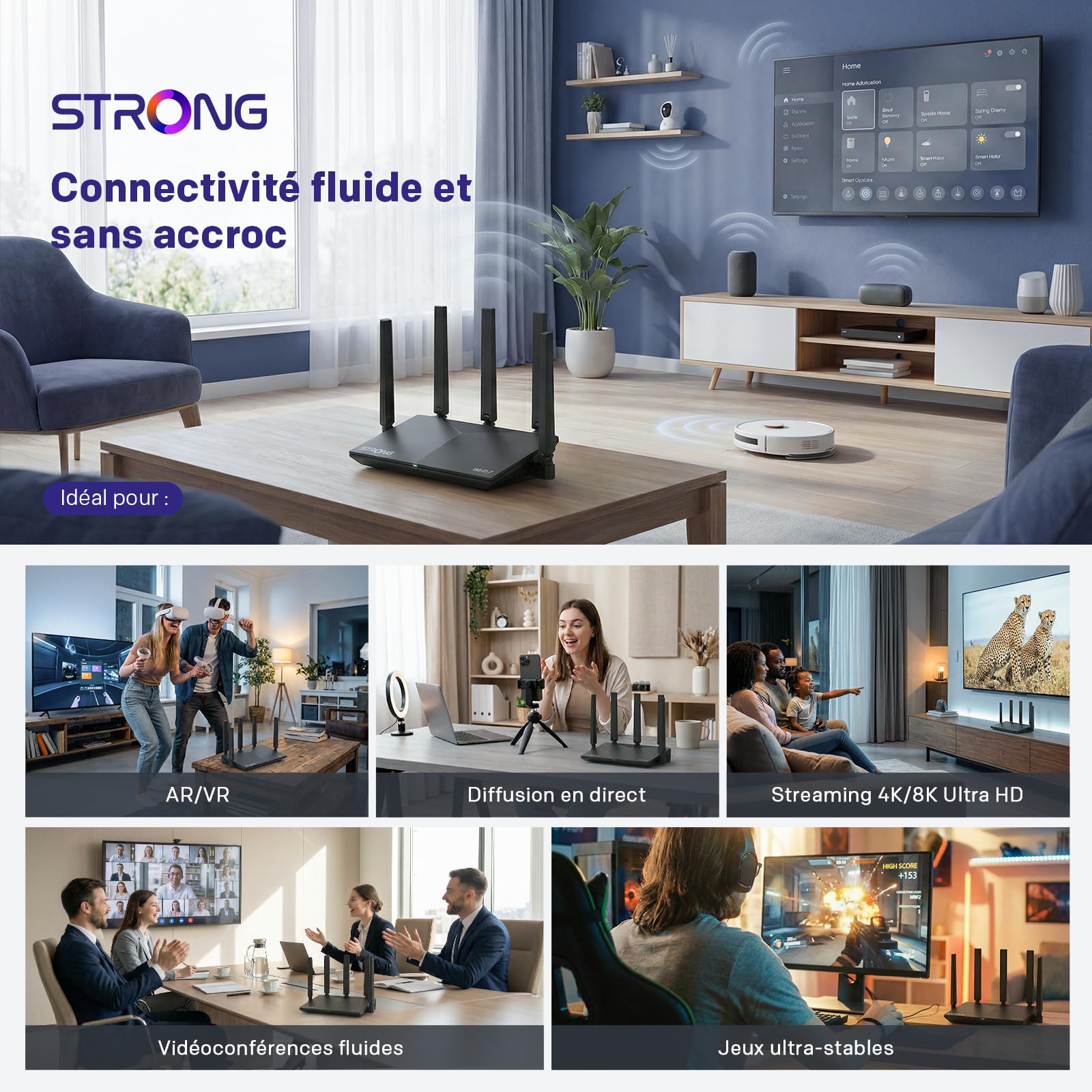 STRONG BE3600 Dual-Band Routeur Wi-FI 7, Ports 2,5G WAN & Gigabit LAN | Jusqu'à 3,6 Gbit/s, MLO, Routeur Wi-FI Internet, 5 Antennes Externes, Gestion App, Contrôle Parental, WPA3, TWT, IPv6
