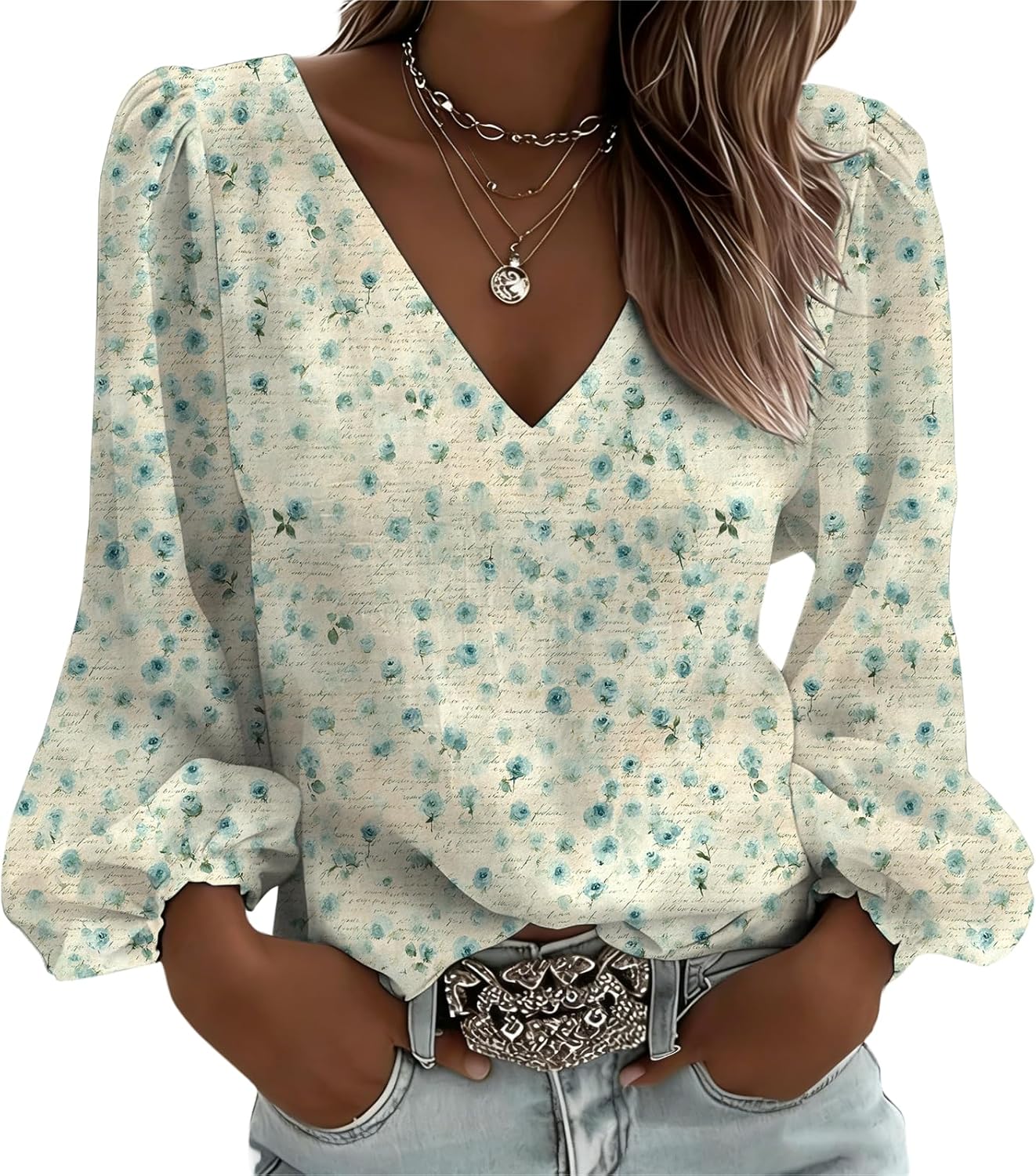 Boho Floral Tops Women Deep V Neck Puff Sleeve Lightweight Breathable Casual Trendy...