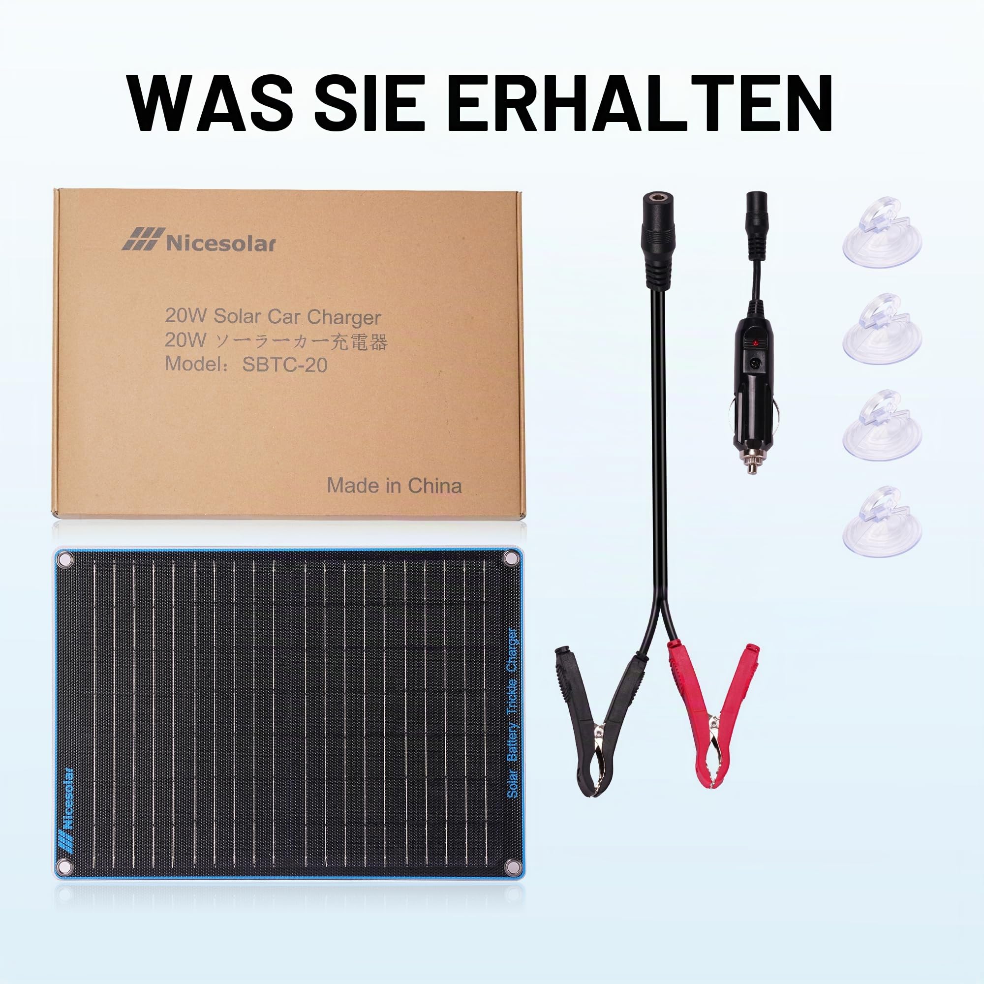 Nicesolar 20W 12V Solarpanel Auto-Batterie Erhaltungsladegerät & Maintainer mit Zigarettenanzünder-Stecker & Krokodilklemme & Batteriekabel für Auto Automobil Motorrad Boot Marine