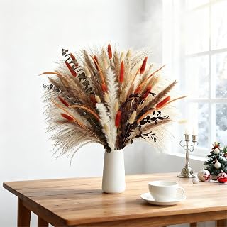 DIY Christmas Dried Flower Arrangement – Eucalyptus, Bunny Tails & Pampas Grass Holiday Bouquet for Home Décor, Entryway & Table Centerpieces (Rustic Blaze)