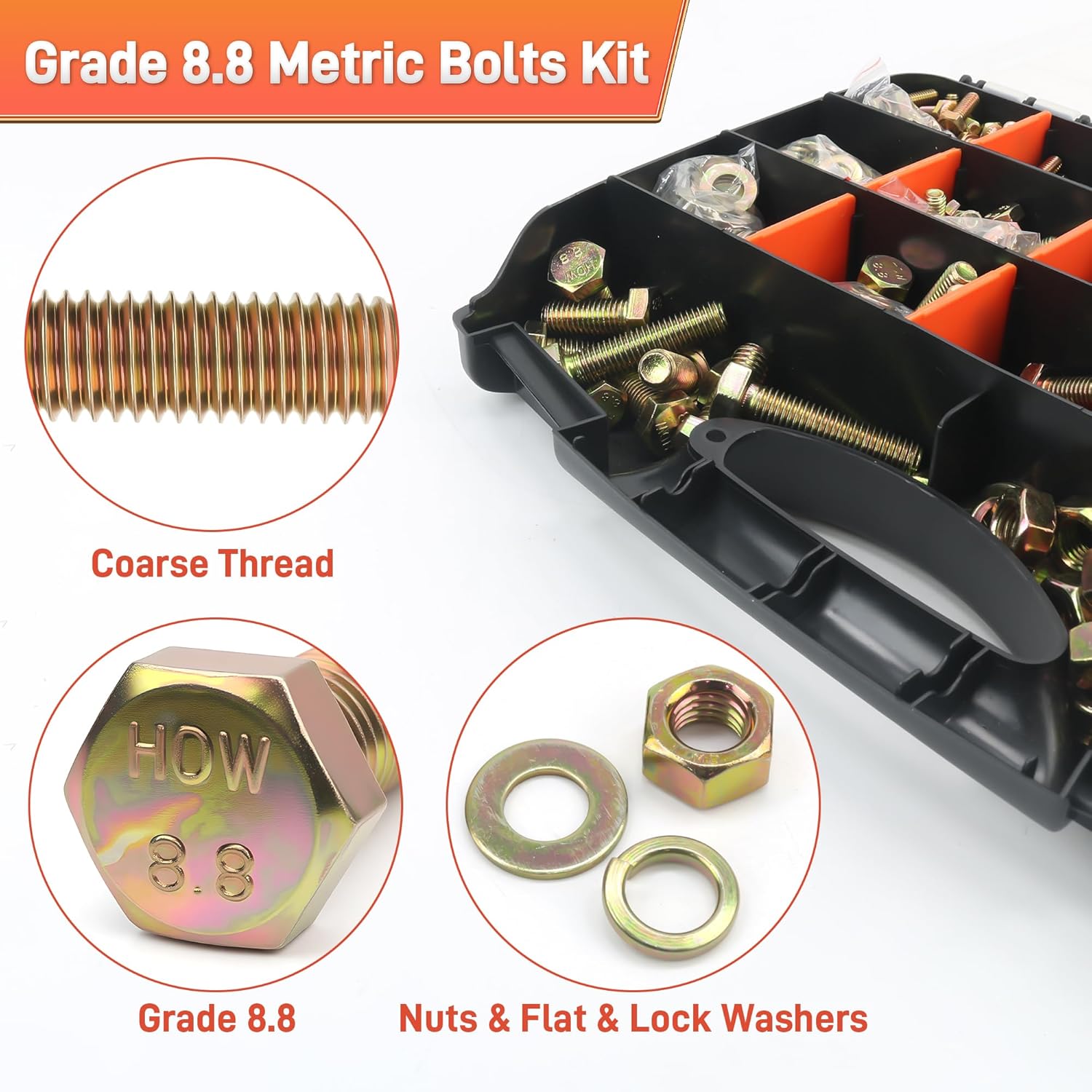 Quibbay 976pcs Nuts and Bolts Assortment Kit, Grade 8.8 Metric Bolt Assortment with Assorted Nuts and Washers, Heavy Duty M6 M8 M10 M12 Hex Bolts and Nuts Kit, Yellow Zinc Plated, Length from 16-50mm