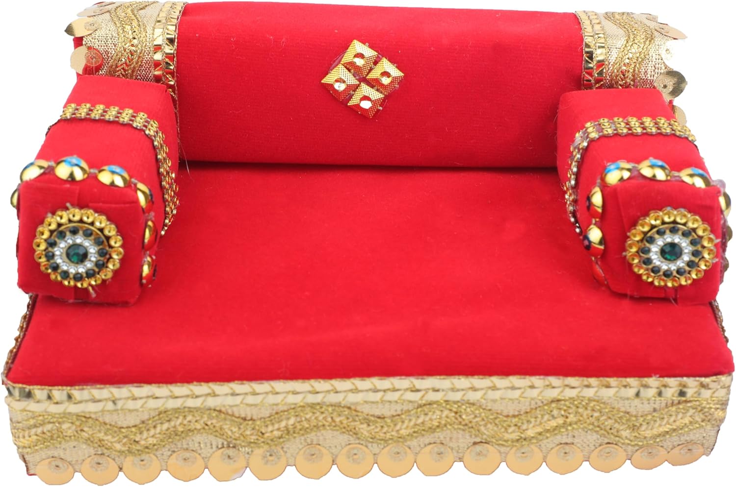 Aditri Creation Decorative Laddu Gopal Singhasan for Bal Gopal Laddu Gopal Ji Velvet Mattress Cushion Gadda Ladoo Gopal Dress Asan Set Traditional Janmashtami Holi Festival Decor(Size:-8"X5")(Red)