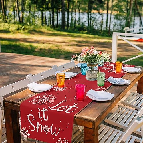 Miniatura 6 de Camino de mesa de Navidad con copo de nieve blanco, camino de mesa rojo de Feliz Navidad, decoración de mesa de comedor de cocina de vacaciones de