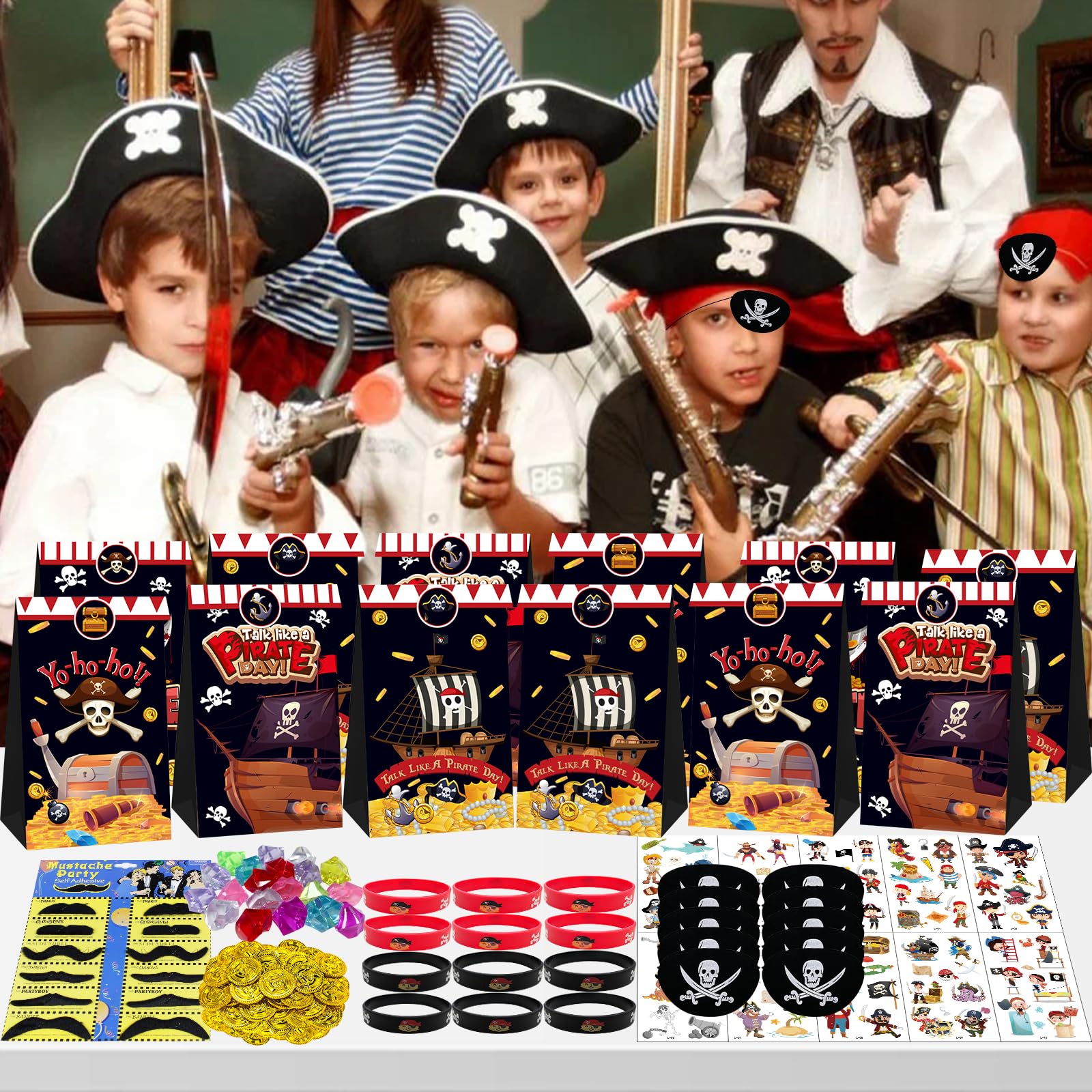 NlsqEU Lot de 130 petits cadeaux de fête pirate, anniversaire d'enfant, fête pirate, anniversaire d'enfant, sacs cadeaux, bracelet en silicone, autocollants de tatouages, pièces d'or, cache-yeux