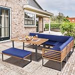DORTALA Patio Dining Set for 8, Acacia Wood Outdoor Sectional Sofa Set with Table, 6 Sofas, Bench, Cushions for Backyard Poolside Deck, Navy