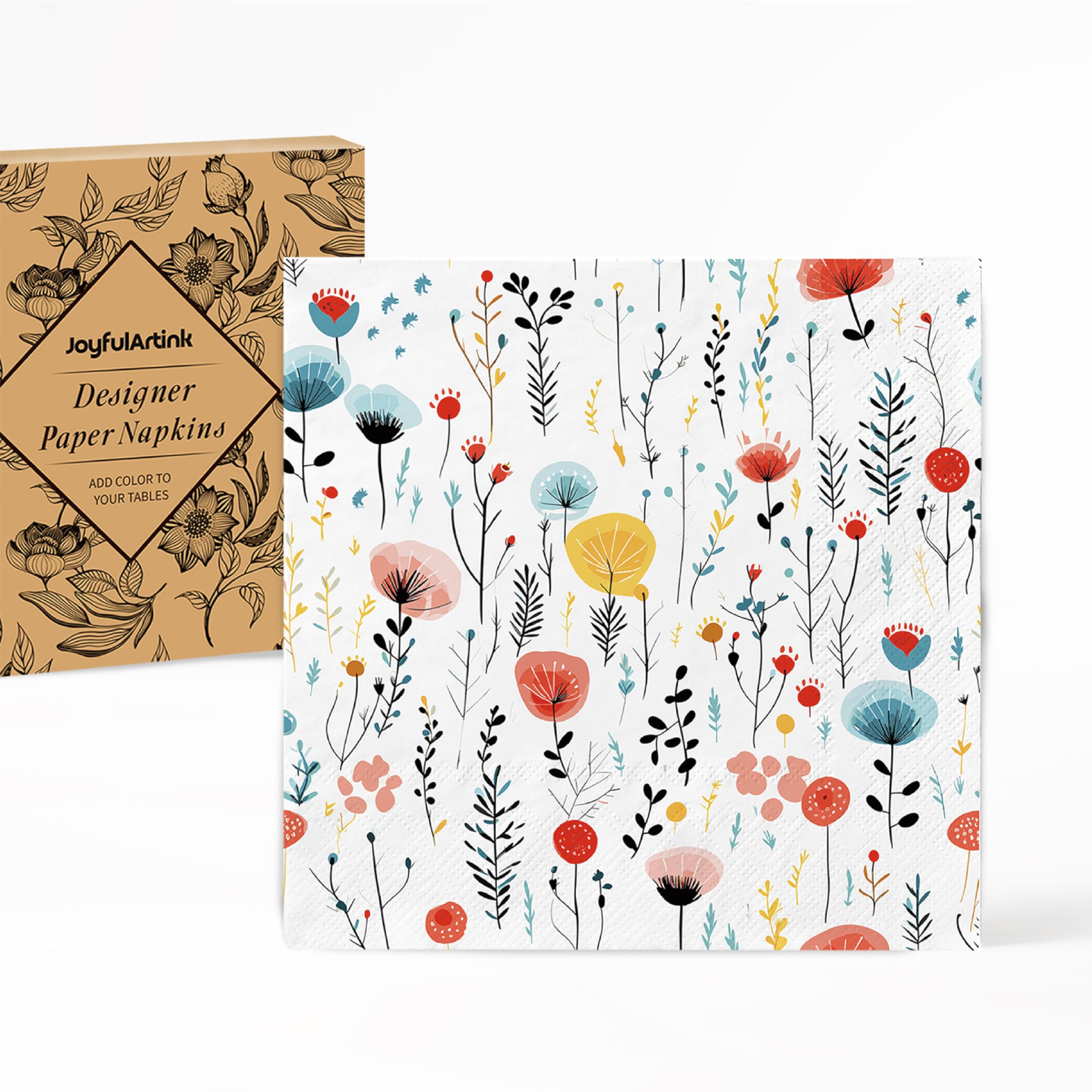 JoyfulArtink 30 pcs Premium Designer Paper Napkins, 3-Ply 6.5 x 6.5-inches Fold Disposable Decorative Lunch Dinner Napkin, Fresh Bouquet Colorful Floral
