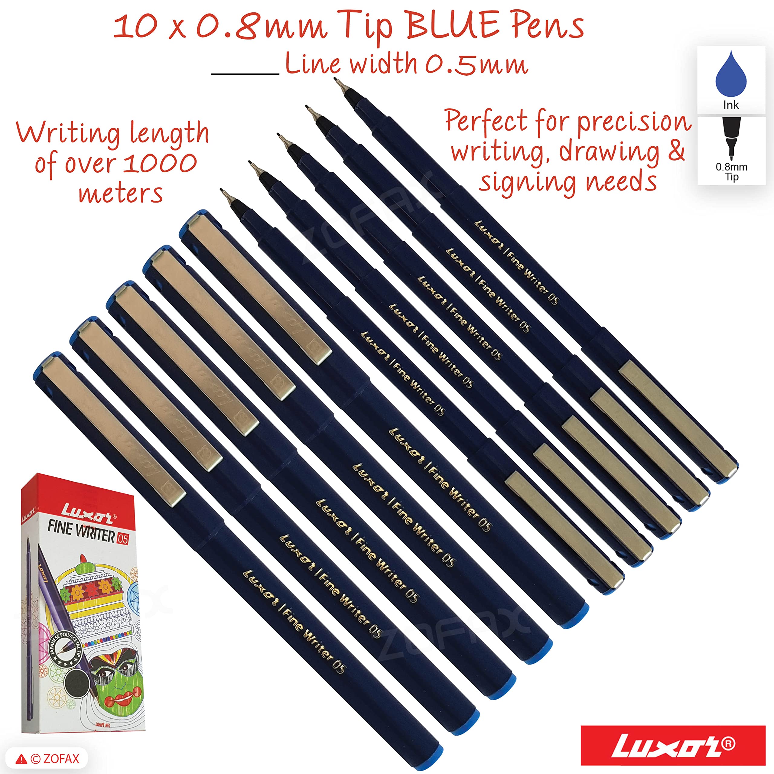 Write05 Fineliner Pens, BLUE, 0.5mm Ultra Fine Tip, Pack of 10, Precise Writing, Write Sign Draw Colour Pens - Image 2