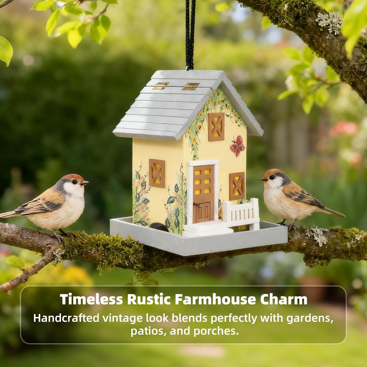 MEWANG Outdoor Hanging Bird Feeder, Decorative Wooden Bird House Without Camera for Hummingbirds, Cardinals & Bluebirds (Light Yellow)
