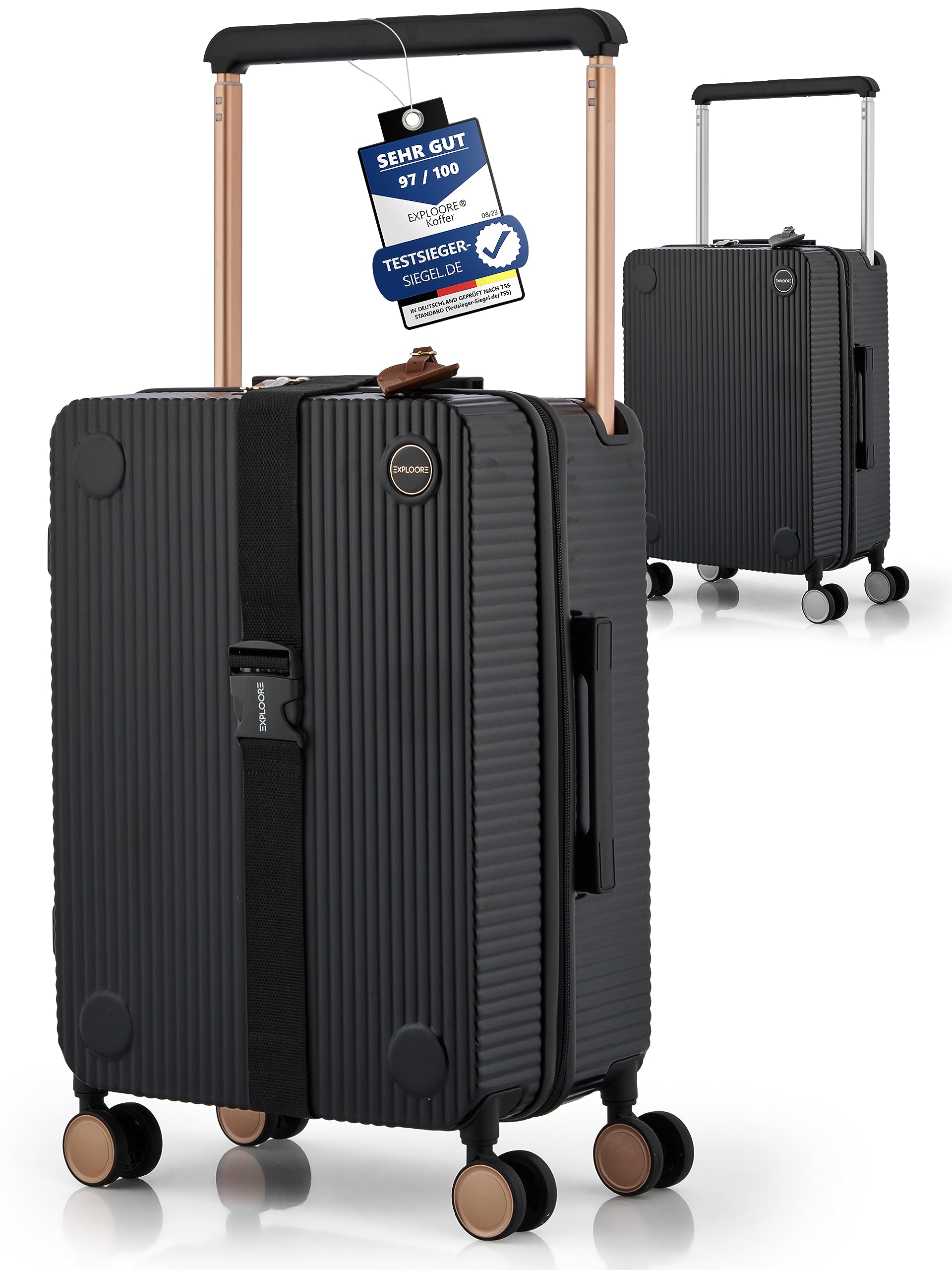 Handgepäck Koffer 55x40x20 cm, Kabinenkoffer Hartschale aus Polycarbonat, Handgepäck Trolley mit TSA Schloss und 4 Rollen, Bordgepäck Reisekoffer, Schwarz/Champagner Rosé