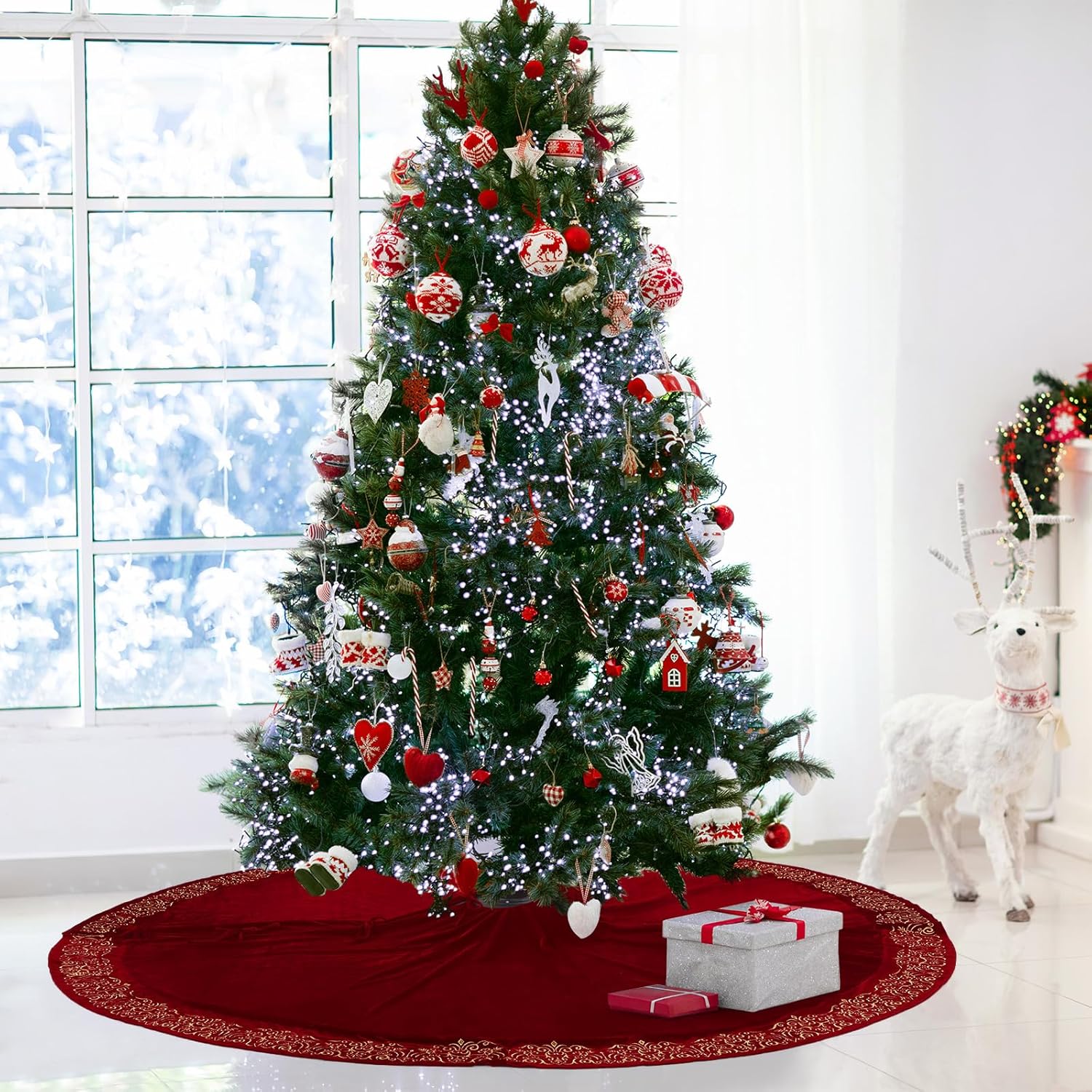84 Inch Large Christmas Tree Skirt Deluxe Red Velvet Christmas Tree Skirt with Quilted Cuff for 12ft Xmas Home Winter Holiday Party Decorations(Embroidery Burgundy)
