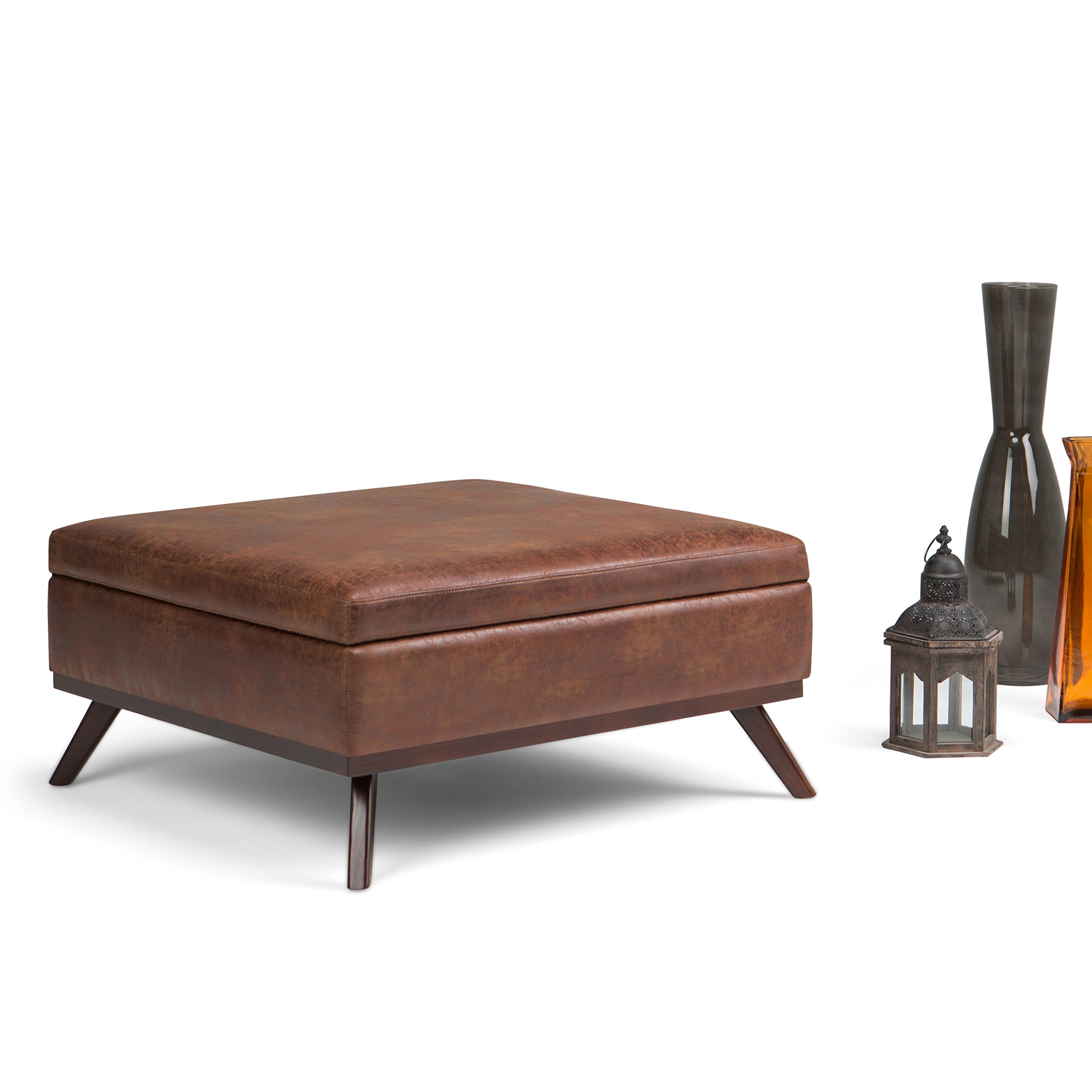 SIMPLIHOME Owen 36 inch Wide Mid Century Modern Square Coffee Table Storage Ottoman in Distressed Saddle Brown Vegan Faux Leather, Assembled, For the Living Room, Entryway and Family Room