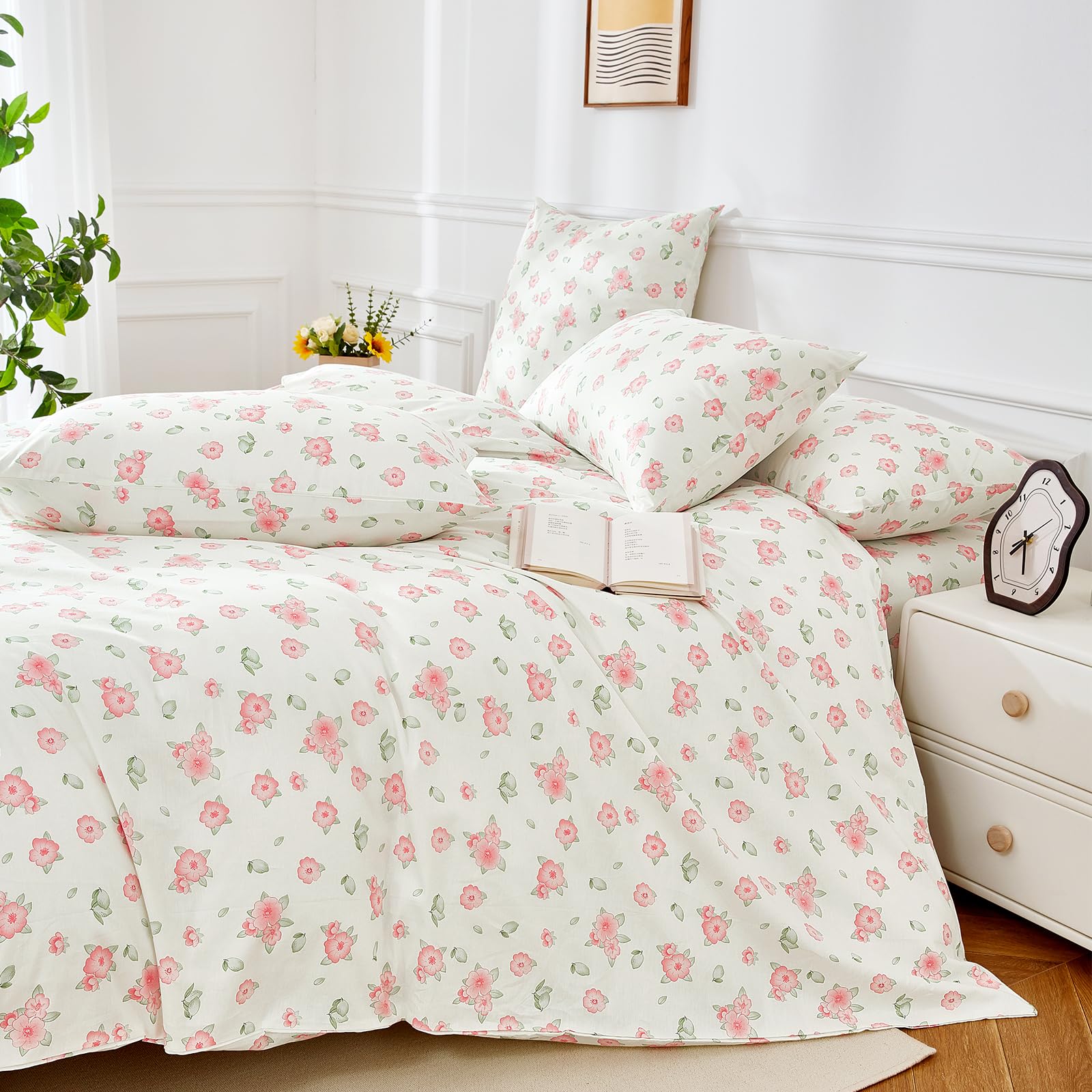 Biancheria da letto con fiori, 220 x 240 cm, in cotone rosa, motivo floreale, morbida, traspirante, 3 pezzi, per ragazze con chiusura lampo e 2 federe da 80 x 80 cm