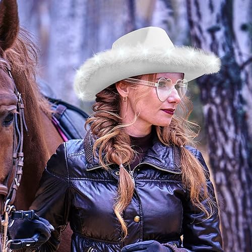 Miniatura 6 de Zhanmai 6 Pieces Cowgirl Light up Hat with Feather Boa, 6 Pieces Heart Sunglasses Set for Girls Bachelorette Costume Party